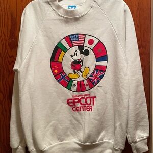 Disney White Crewneck Sweatshirt with Multicolor Mickey & Flags Graphic